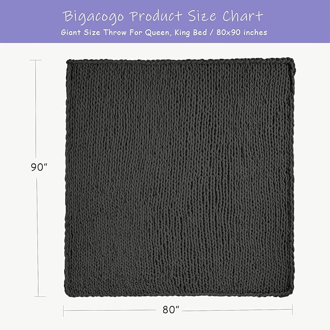 Bigacogo Chunky Knit Throw Blanket for Couch, 80x90 inches, 100% Hand Knitted with Thick Jumbo Chenille Yarn, Cozy Soft Large Rope Knot Cable Crochet Blankets for Sofa Bed Living Room, Dark Grey-Ruum Studio Home
