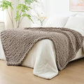 Bigacogo Chunky Knit Throw Blanket for Couch, 51x63 inches, 100% Hand Knitted with Thick Jumbo Chenille Yarn, Cozy Soft Large Rope Knot Cable Crochet Blankets for Sofa Bed Living Room, Taupe-Ruum Studio Home