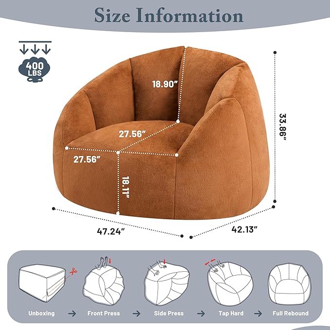 Giant Bean Bag Chair for Adults - Comfy Plush Round Shell Soft Reading Chair, Oversized Cozy Lounge Floor Sofa Accent Chair, Mini Couch for Living Room, Bedroom & Game Rooms, Orange-Ruum Studio Home