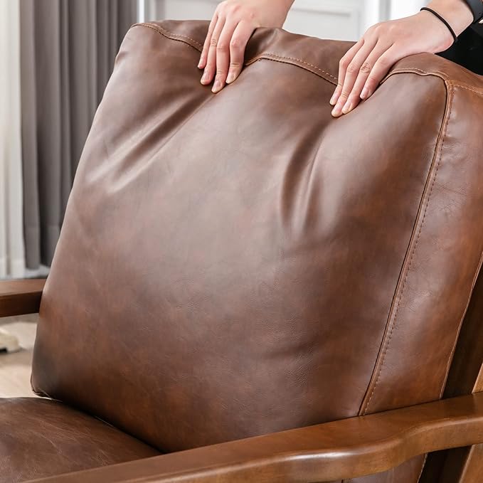 Brown Leather Accent Chair and Ottoman, Mid Century Modern Arm Chair, Retro Upholstered Armchair with Wood Frame & Removable PU Cushions, Large Leisure Slipper Chair for Living Room/Bedroom, Set of 2-Ruum Studio Home