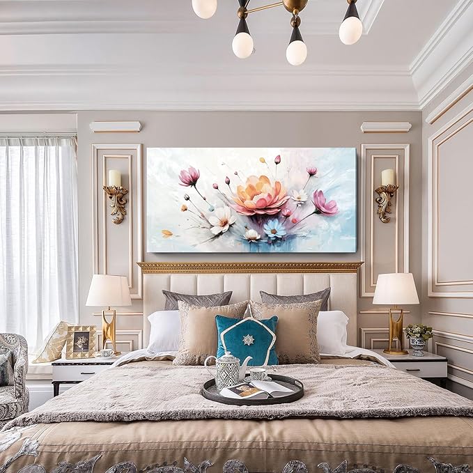 amatop Oversized Wall Art for Living Room Elegant Pink White Blue Floral Art Print Large Abstract Nature Botanical Picture Contemporary Garden Bloom Canvas Decoration Bedroom Office Hallway 58x29 inch-Ruum Studio Home
