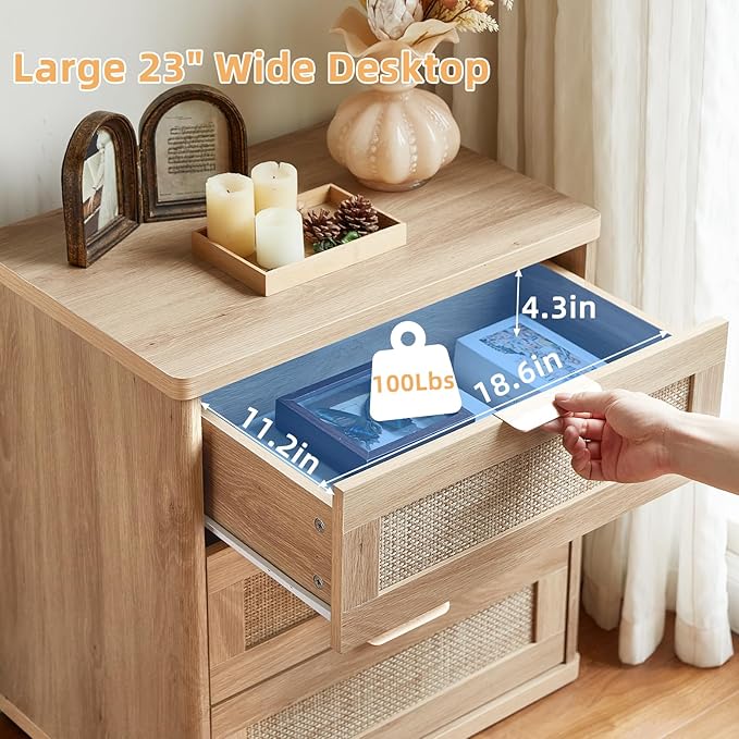 LEYAOYAO Boho Rattan Coffee Table and End Table Sets, 48" Wide Center Tables & 23" Night Stand with 3 Drawers, Natural Wood Coffee Table for Living Room 2 Piece Set-Ruum Studio Home