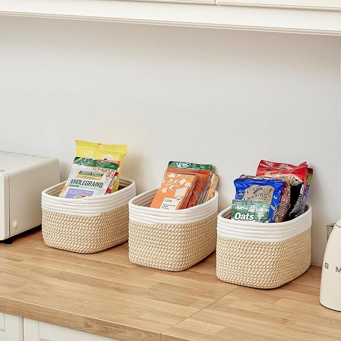 Small Cotton Rope Storage Basket Set of 3-11"x7"x7" Perfect Woven Baskets for Storage, Ideal Storage Baskets for Organizing Toys, Towels, and More - Baskets for Shelves（White & Mixed Camel）-Ruum Studio Home