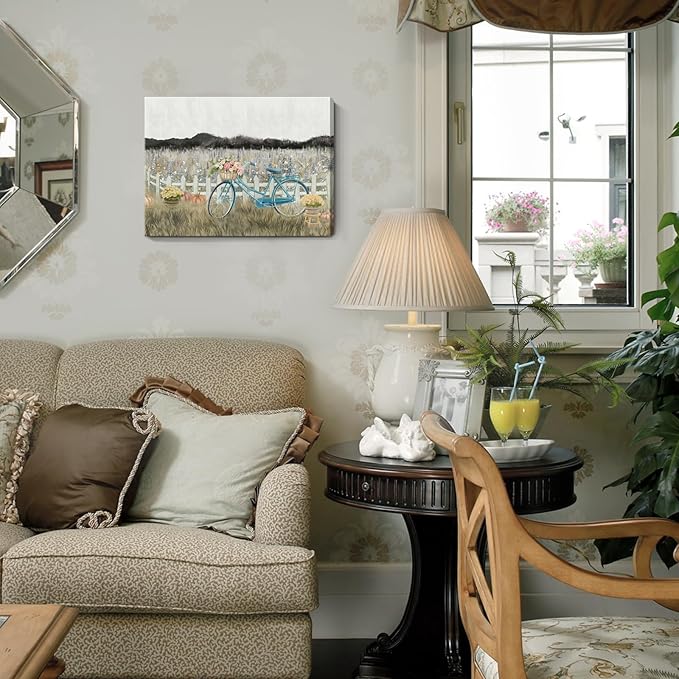 Farmhouse Decor Bathroom Fall Wall Art Vintage Boho Landscape Nature Canvas Picture Mountains, Bicycle Lavender Flowers Floral Neutral Small Artwork for Modern Organnic Country Rustic Cottagecore Bedroom-Ruum Studio Home