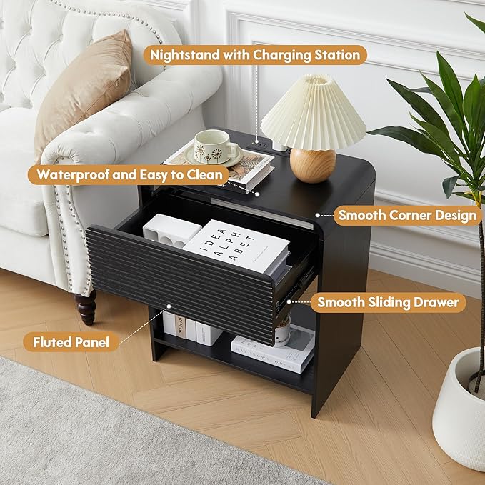 Fluted Nightstand Set of 2 with Charging Station, Modern Bed Side Table End Table with Drawer Storage, Large Wooden Night Stands Bedside for Bedroom Living Room Sofa Office, Black 2 Sets-Ruum Studio Home