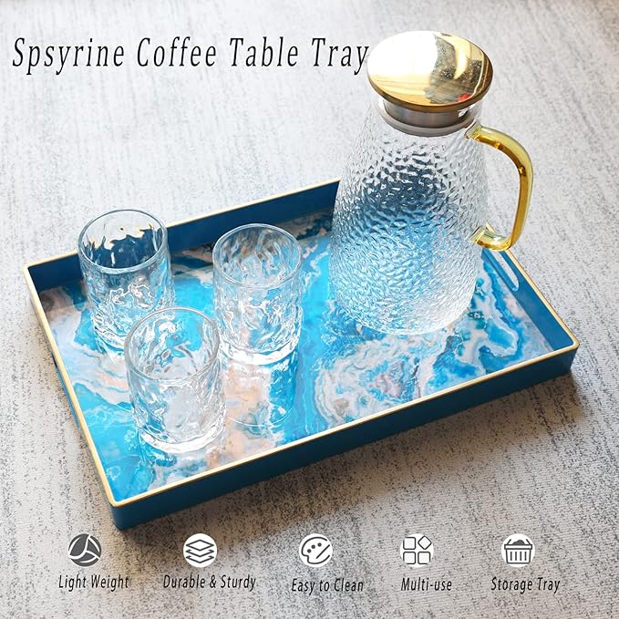 Spsyrine Serving Tray, Plastic Rectangular Coffee Table Tray with Handles, Marble Decorative Tray for Living Room, Ottoman, Bathroom Decor. 15.6” X 10.2" HSRE-Ruum Studio Home