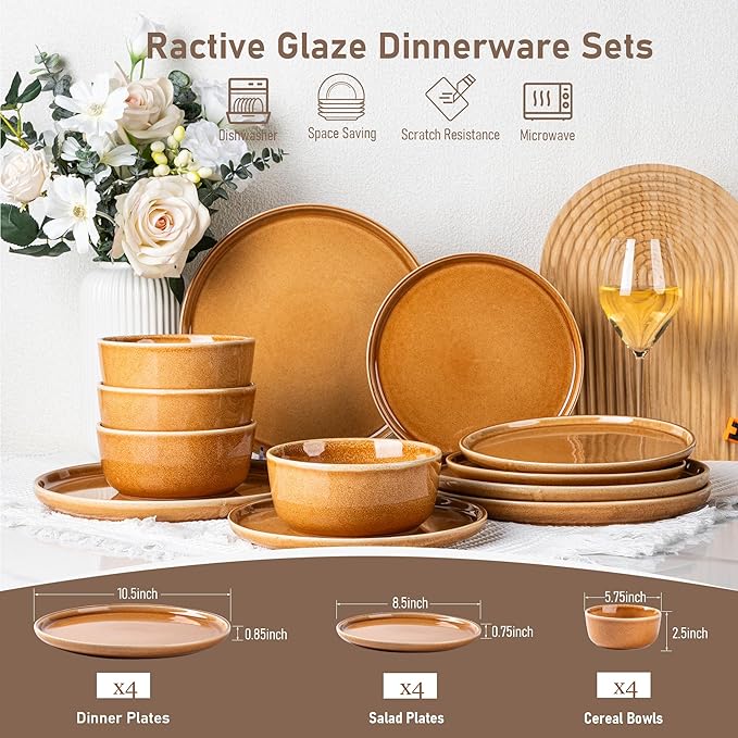 GBHOME Ceramic Dinnerware Sets for 4, 12 Pieces Stoneware Plates and Bowls Sets, Scratch Resistant Dishes, Dishwasher & Microwave Safe, Reactive Glaze-Amber-Ruum Studio Home
