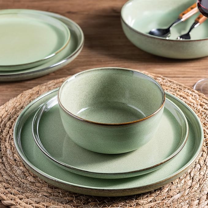 GBHOME Ceramic Dinnerware Sets for 6, 18 Pieces Stoneware Plates and Bowls Sets, Scratch Resistant Dishes, Dishwasher & Microwave Safe-Pastel Green-Ruum Studio Home