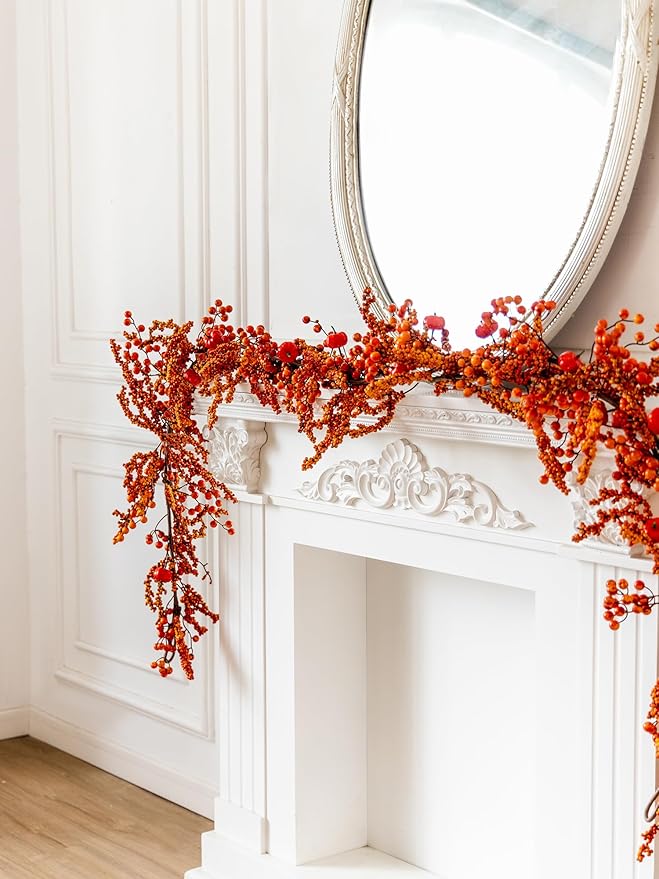 MISSPIN 6FT Pumpkin Berry Garland, Halloween Garland Fall Maple Leaf Artificial Hanging Autumn Vine Leaf Fall Decor Black Maple Fall Leaf Christmas Thanksgiving Halloween Home Decor-Ruum Studio Home