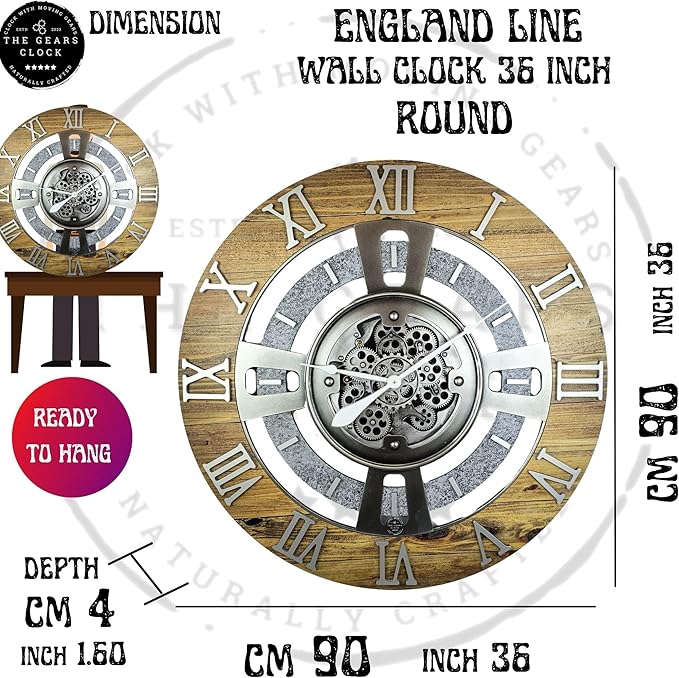 The Gears Clock Real Moving Gear Wall Clock England Line (Vintage Brown, 36 inches (90 cm))