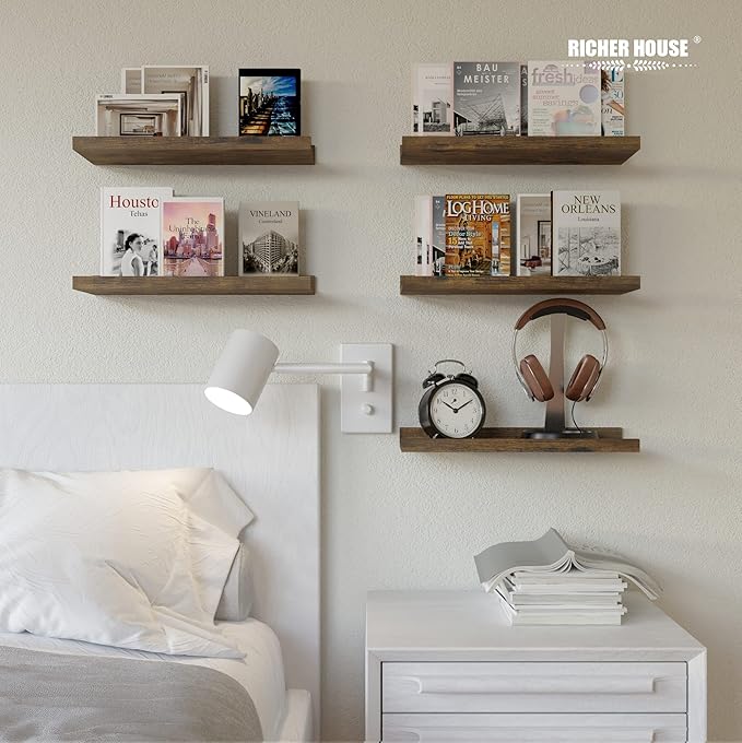 RICHER HOUSE 5 Set Floating Shelves for Wall Decor, Wall Mounted Book Shelf, Nursery Shelves Picture Ledge Shelf with Lip for Wall Storage, Bedroom, Living Room, Bathroom - Brown-Ruum Studio Home