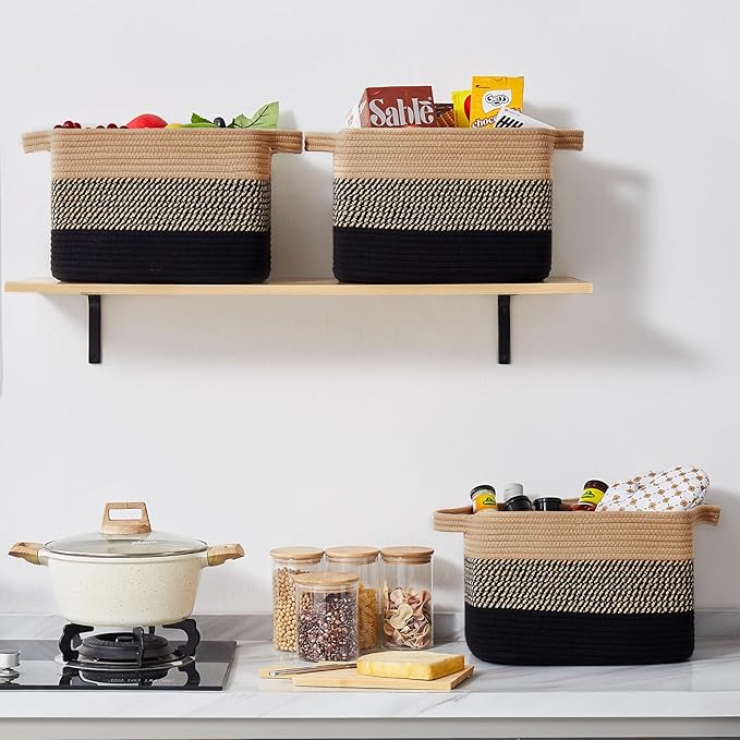 Storage Basket for Organizing, Woven Baskets for Storage, Rectangle Decorative Baskets for Shleves, Closet, Toys, Books, Nursery Organizer Bins - Pack of 3 (Black & Brown)-Ruum Studio Home