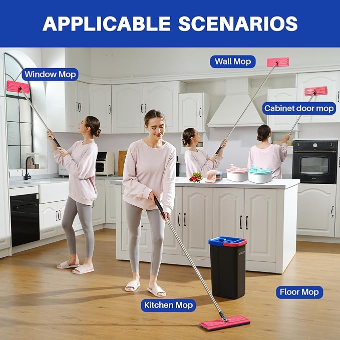 JOYMOOP Mop and Bucket Set for Home, Hands-Free Self-Cleaning System, with 5 Reusable Microfiber Mop Pads, Suitable for Floor Cleaning and Wall Cleaner - Black+Red+Slate Blue-Ruum Studio Home