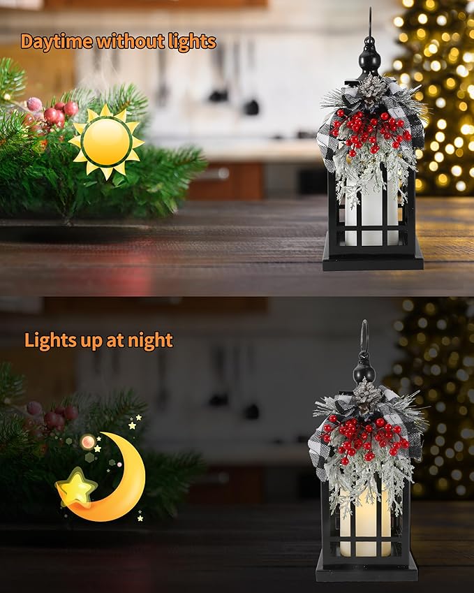 iStatue Metal Black Christmas Lantern with Flameless Candle, 14'' Modern Farmhouse Decor Festive Holiday Rustic Home Gifts for Indoor / Outdoor (Xmas)-Ruum Studio Home