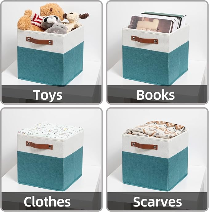 HNZIGE Fabric Storage Cube Bins Baskets for Organizing, 11 inch Cube Storage Bins, Set of 4, Collapsible Storage Bin with Handles, Closet Organizers and Storage Home Toy Nursery Bedroom(White Teal)-Ruum Studio Home