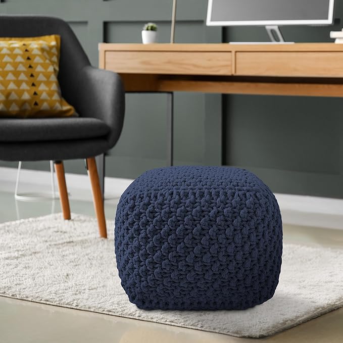 Casafield Square Pouf Ottoman, Navy Blue 18.5" W x 18.5" D x 14.5" H Cotton Knit Foot Stool - Boho Floor Pouffe for Living Room, Bedroom, Home Office-Ruum Studio Home