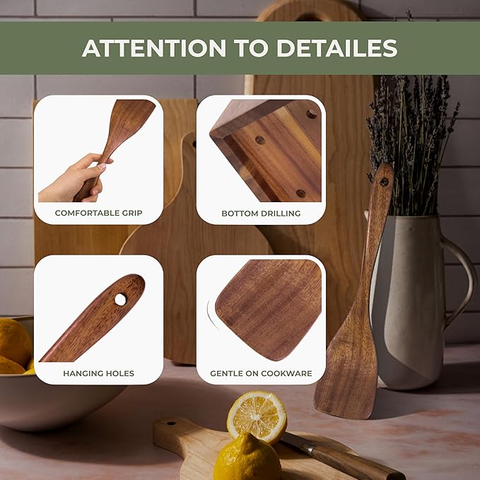 Vasilek Wooden Cooking Utensils Set – 12-Piece Acacia Wood Kitchen Utensil Set with Square Holder & Spoon Rest, Non Toxic Wooden Tools for Nonstick Cookware, Spatula, Ladle, Serving Spoon-Ruum Studio Home