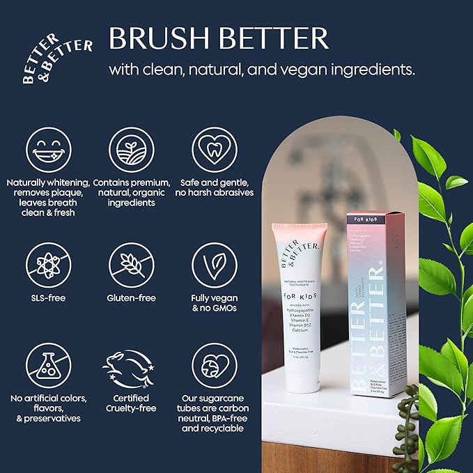 Better & Better Kids Toothpaste | Natural Hydroxyapatite Toothpaste Infused w/Calcium & Vitamins D, E, B12 | Fluoride & SLS Free for Sensitive Brushers | Watermelon Flavor | 3.4oz, 3 Pack-Ruum Studio Home