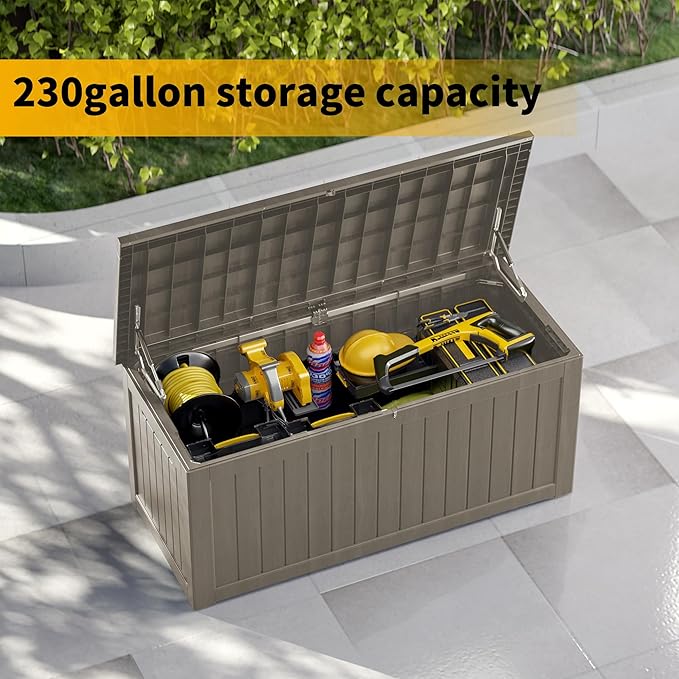 230 Gallon Double-Wall Resin Deck Box - Lockable Waterproof Outdoor Storage Box, 1000lbs Capacity & Doubles as Seating for Patio Furniture - Garden Tools, Pool Accessories (Brown)-Ruum Studio Home