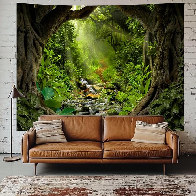 Misty Forest Tree Cave Tapestry Nature Green Tapestry Enchanted Rainforest Tropical Jungle Sunshine Flowing Stream Landscape Wall Tapestries for Living Room Bedroom Dorm Office (50" × 60")-Ruum Studio Home