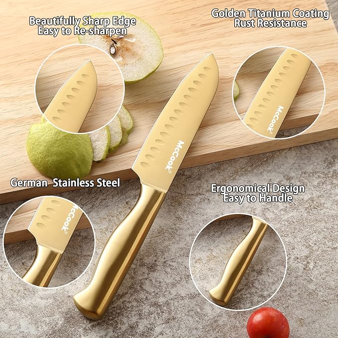 McCook® Kitchen Knife Sets, Golden Titanium Stainless Steel Knives Block Set with Built-in Sharpener-Ruum Studio Home