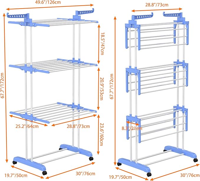 HOMIDEC Clothes Drying Rack, Large 4-Tier Foldable Drying Rack Clothing(67.7H x 19.7W x 30L Inches), Movable Drying Rack with 4 castors. Multifunctional Stainless Steel Laundry Drying Rack, Blue-Ruum Studio Home