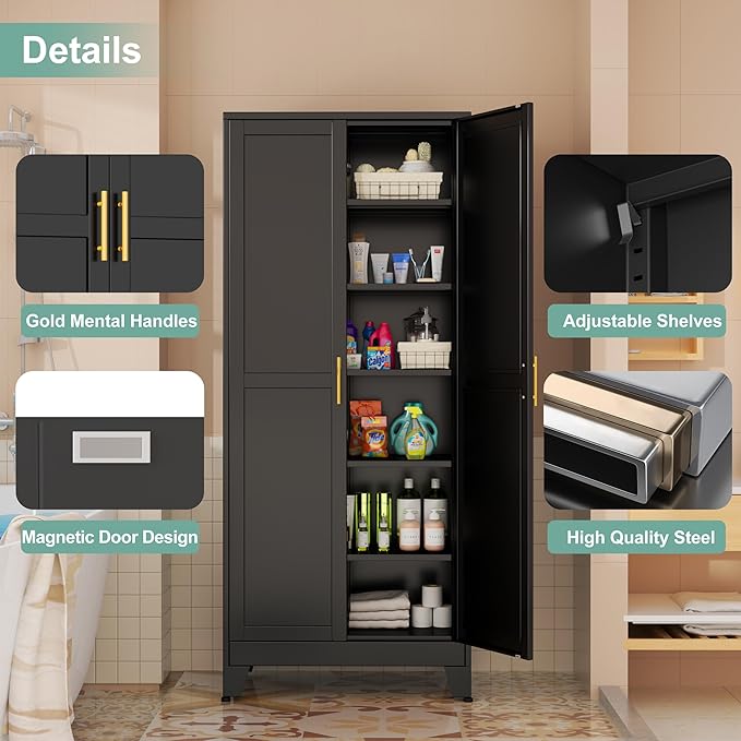 Metal Pantry Cabinet with 2 Doors and 5 Adjustable Shelves, 75" Kitchen Storage cabinets with Gold Handles, Versatile Storage for Laundry Room, Living Room, Bathroom, Dinning Room, Utility Room-Black-Ruum Studio Home