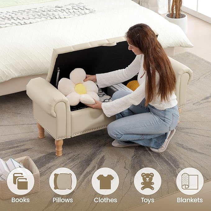 Storage Ottoman Bench for Bedroom, 51" Upholstered Bench with Rolled Arms and Vintage Rivets for Living Room, Full & Queen Leather Storage Bench with Button for Entryway, Beige+Nature Legs-Ruum Studio Home