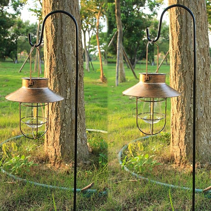 2 Pack Solar Lanterns, Outdoor Hanging Lights Metal with Shepherd Hook Warm White Edison Bulb Design for Garden and Birthday Gifts for Mom Grandma Wife ( Copper)-Ruum Studio Home