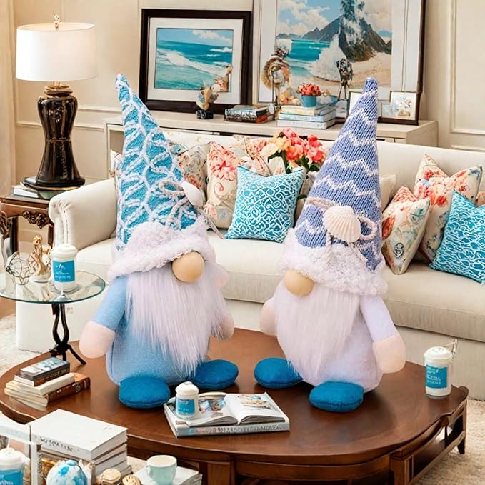 Summer Gnomes Decorations, Beach Gnome Plush Decor for Home Ocean Day Gnomes Tiered Tray Decor Handmade Tomte Swedish Nisse Scandinavian Elf Dwarf,Birthday Gnome Gifts, White-Ruum Studio Home