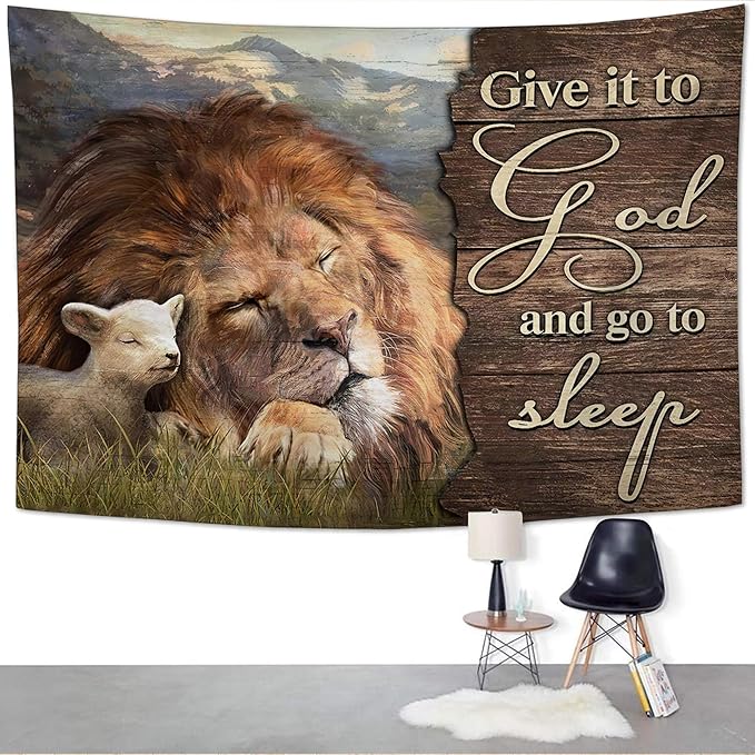 yowecso Lion and Lamb Tapestry Give It To God And Go To Sleep Tapestry Wall Hanging for Bedroom Christian Religious Tapestries Aesthetic Wall Decor for Home Dorm Living Room 40"x60"-Ruum Studio Home