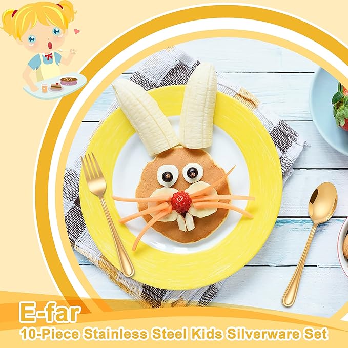 E-far 10-Piece Gold Toddler Utensils, Kid Stainless Steel Silverware Set, Children Safe Forks and Spoons Set for Self Feeding, Healthy & Non-Toxic, Mirror Polished & Easy to Clean-Ruum Studio Home