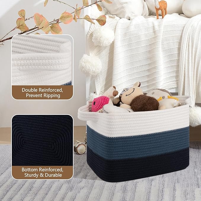 Storage Basket for Organizing, Woven Baskets for Storage, Rectangle Decorative Baskets for Shleves, Closet, Toys, Books, Nursery Organizer Bins - Pack of 3 (Gradient Blue)-Ruum Studio Home
