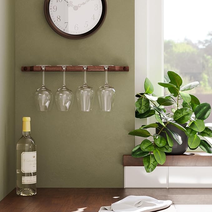Rustic State Suvla Wall Mounted Wood Stemware Rack Hanging Shelf Glassware Holder Bar Organizer with 8 Wine Glass Storage 17 Inch Long Walnut-Ruum Studio Home