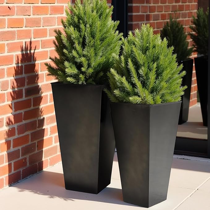 WORTH Garden Large Metal Glazed Planter Set of 2 (25" + 28"), Luxurious Glossy Finish Black Tall Square Tapered Steel Plant Pot, Decor Flower Pot Indoor & Outdoor, Drainage Hole & Dual-Purpose Saucer-Ruum Studio Home