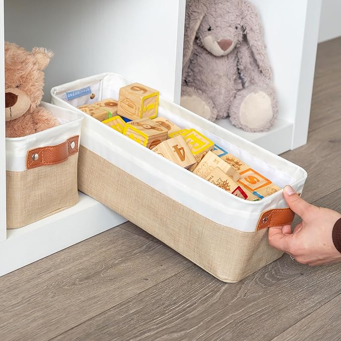 OrganiHaus Narrow Storage Bins 15x06in, Small Closet Bins for Shelves, Bathroom Storage Baskets for Shelves, Narrow Baskets, Fabric Organizer with Handles, Toilet Paper Organizer - 2 Pack, Beige-Ruum Studio Home
