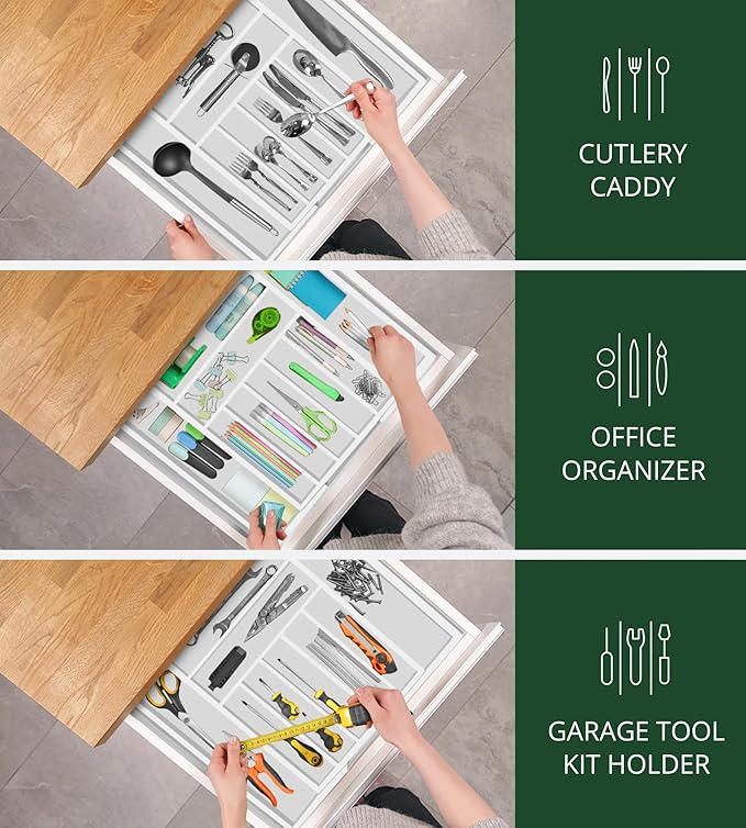 ROYAL CRAFT WOOD Luxury Bamboo Kitchen Drawer Organizer - Silverware Organizer - Utensil Holder and Cutlery Tray with Grooved Drawer Dividers for Flatware and Kitchen Utensils (9 Slot, White)-Ruum Studio Home