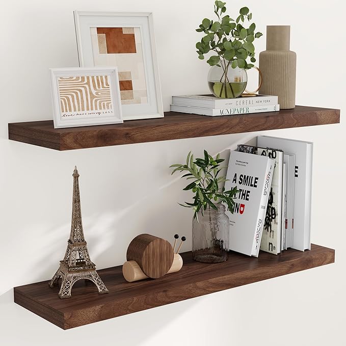 40 Inch Floating Shelvese, 40" W x 9" D Floating Shelf Set of 2, Farmhouse Wood Wall Shelves for Bedroom, Kitchen, Wall Mounted Deep Shelving for Home Decor, Walnut Color-Ruum Studio Home