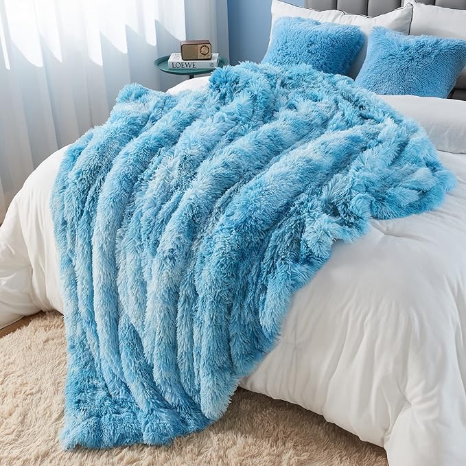 GONAAP Fuzzy Faux Fur Throw Blanket Twin Size Tie-dye Ocean Blue Super Soft Cozy Plush Fuzzy Shaggy Blanket for Couch Sofa Bed (Tie-dye Ocean Blue, Twin(60"x80"))-Ruum Studio Home