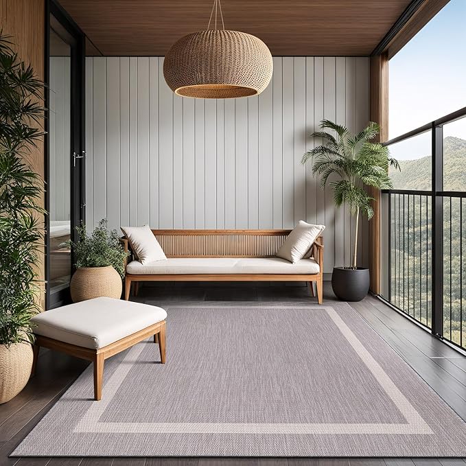 Bordered Outdoor Rug 9x12 Washable Outside Carpet for Indoor Patio Porch Waterproof Easy Cleaning Non Shedding Area Rugs Gray 9 x 12-Ruum Studio Home
