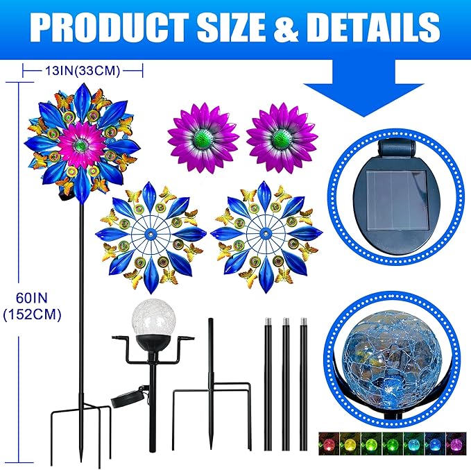 60 Inch Solar Wind Spinner Outdoor - Double-Sided Rotating Colorful Kinetic Wind Spinners for Garden, Yard Decorations Outdoor,Metal Wind Sculptures & Spinners, Wind Art-Ruum Studio Home