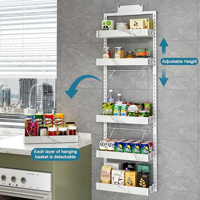 bukfen Over the Door Pantry Organizer, 6-Tier Adjustable Basket Kitchen Pantry Door Organization and Storage, Heavy-Duty Metal Hanging Kitchen Spice Rack,D6.3 x W17.32 x H50.60 inch,White Marble Color-Ruum Studio Home