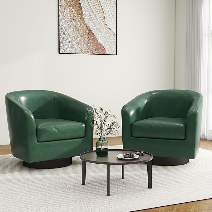 Swivel Barrel Accent Chair, Modern Round Faux Leather Arm Chair for Living Room, Bedroom, Comfy Club Reading Chairs for Adults(Faux Leather, Green, Set of 2)-Ruum Studio Home