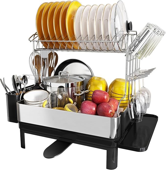BOOSINY Dish Drying Rack with Drainboard, Stainless Steel Dish Rack, 2 Tier Extra Large Dish Drainer with Cup Holder and Utensil Holder for Kitchen Counter-Ruum Studio Home
