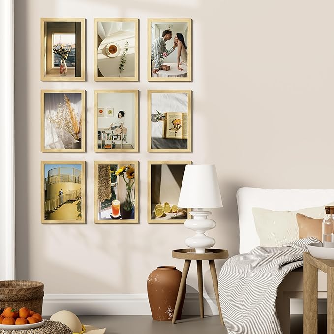 Vittanly 8x12 Picture Frames Set of 9, Shatter Resistant Plexiglass, Display 6x8 Pictures with Mat or 8x12 without Mat, Photo Frames for Wall or Tabletop, Engineered Wood, OAK-Ruum Studio Home