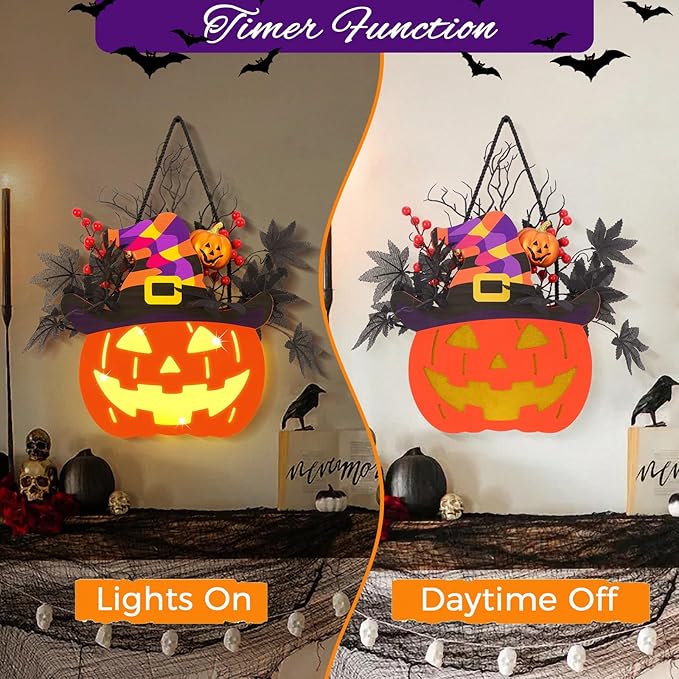 Halloween Pumpkin Decorations, Lighted Jack-O-Lantern with Maple Leaves Berries Witch's Hat, Halloween Wreaths Door Sign Wood Pumpkin for Front Door Indoor Outdoor Yard Party Cartoon Hanger Decor-Ruum Studio Home