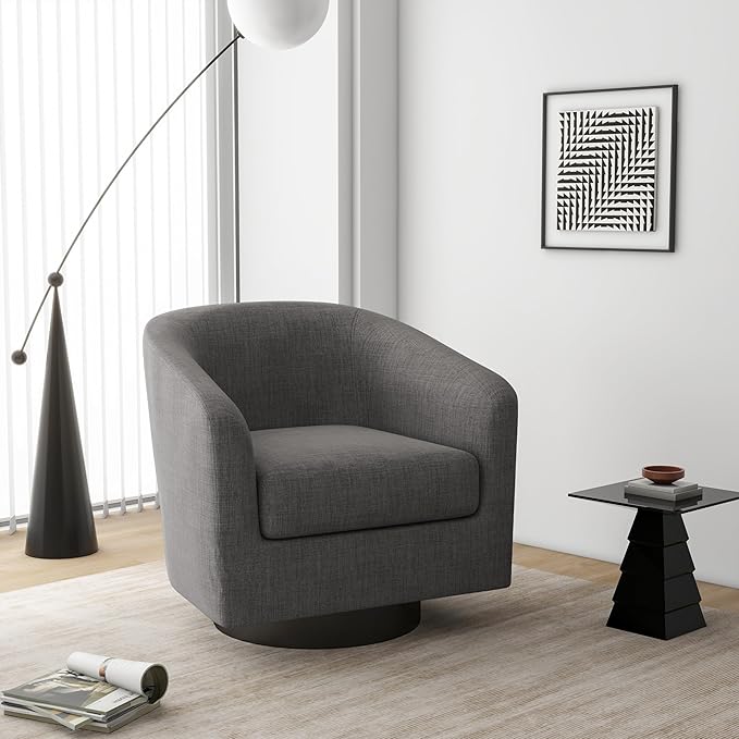 Swivel Barrel Accent Chair, Modern Round Linen Arm Chair for Living Room, Bedroom, Comfy Club Reading Chairs for Adults（Linen Fabric, Grey, Set of 2-Ruum Studio Home