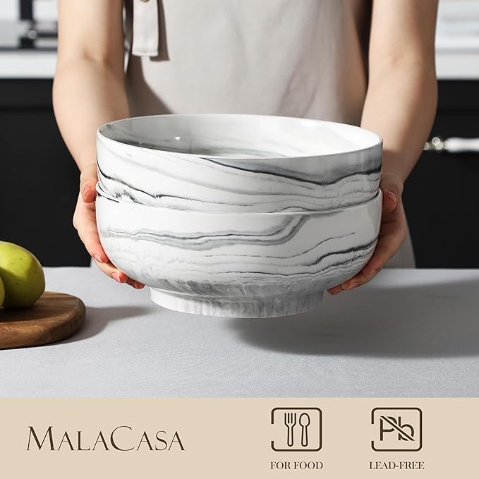 MALACASA Salad Bowls, 114 OZ(10") Extra Large Serving Bowls Set of 2, Porcelain Marble Grey Bowls Set for Soup, Salad, Ramen and Fruit, Dishwasher& Microwave Safe, Series REGULAR-Ruum Studio Home