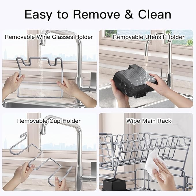BOOSINY 2 Tier Grey Large Stainless Steel Dish Drainers Drying Rack for Kitchen Counter with Drainboard, Rust Proof Metal, Space Saving, Modern Aesthetic, Compact Plates Strainers with Extra Mat-Ruum Studio Home