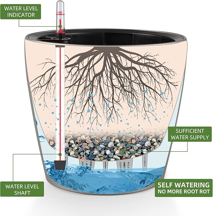 Dexceder 9x8 Inches Self Watering Planter Metallic Matte Indoor Outdoor, Inner Pot Design, Thickened Table Flower Plant Pot with Water Level Indicator (Smoky Gray)-Ruum Studio Home